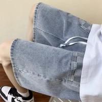 Celana Pendek Denim ขากว้างลายตารางสำหรับผู้ชายสำหรับฤดูร้อน2023New ลำลองทรงแบ็กกี้แฟชั่นฮิปฮอปสตรีทแวร์ทรงหลวมกางเกงยีนส์สั้นทรงกระบอกเอวยางยืด