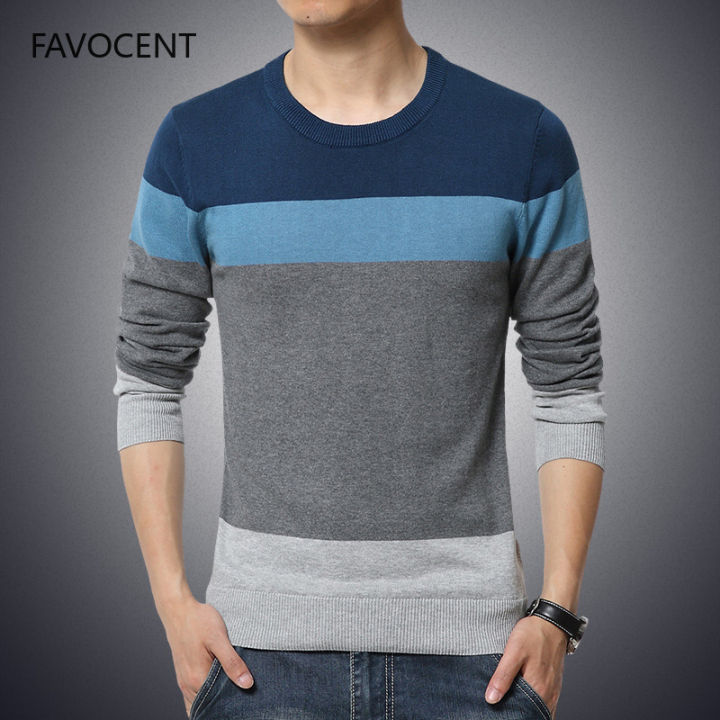 FAVOCENT Casual Men Sweater O-Neck Striped Slim Fit Knittwear 2021 ...