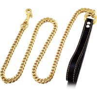 Strong Stainless Steel Gold Chain Dog Leash with Leather Handle Pet 18K NK Link Chain Leash Metal Leash for Medium Large Dogs