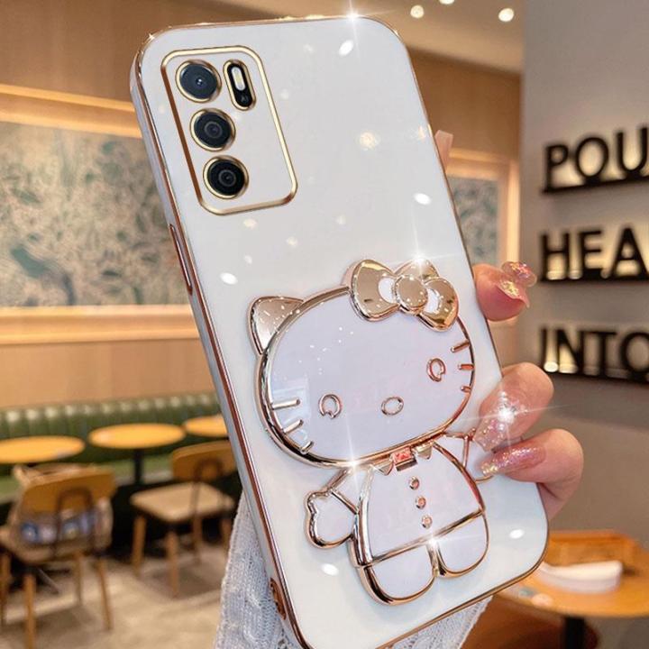 folding-makeup-mirror-phone-case-for-oppo-a16-a16s-a54s-4g-case-fashion-cartoon-cute-cat-multifunctional-bracket-plating-tpu-soft-cover-casing