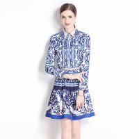 Womens Autumn New Two-Piece Set Fashion  Blue and White Porcelain Bright Pink Ceramic Glaze Printing Set