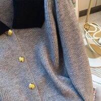 Spot parcel post Classic Style Gray Polo Collar Lapel Single Breasted Soft Glutinous Slimming and Short Sweater for Women Spring and Autumn 2023 New Year