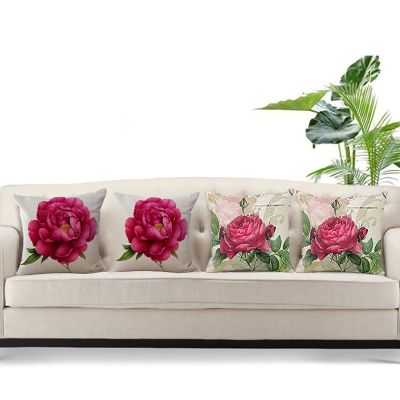2 Pcs Vintage Floral/Flower Flax Decorative Throw Pillow Case Cushion Cover Home Sofa Decorative Rose, A &amp; B