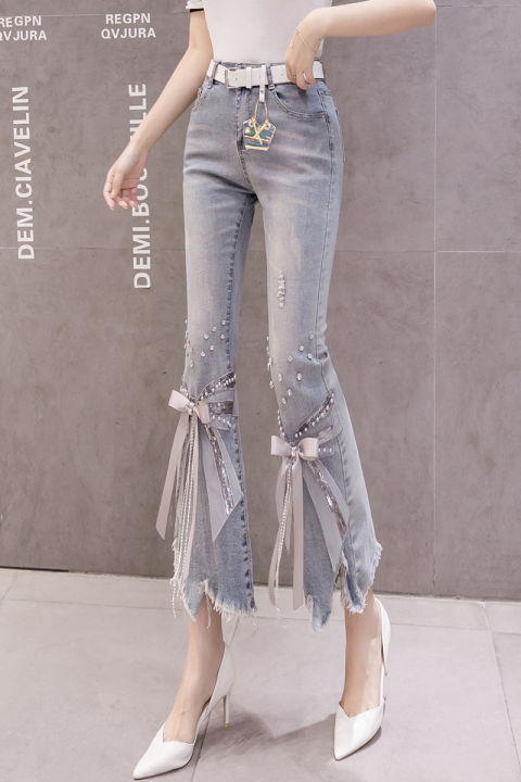 real-shot-european-station-jeans-2023-new-autumn-fashion-high-waist-worn-irregular-heavy-craft-beaded-bell-bottom-pants-womenth