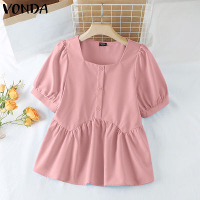 VONDA Womens Fashion Puff Short Sleeve Shirts Fashion Square Neck Solid Blouses (Korean Floral) #2