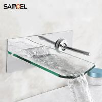 ■✚♧ Wall Mounted Brass LED Concealed Glass Waterfall Bathroom Sink Mixer Tap Chrome Color Change Dual Hole Basin Faucet 1203C