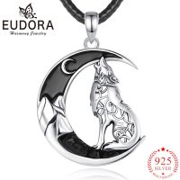 Eudora 925 Sterling Silver Celtic Wolf Necklace Black Zircon Moon Pendant Animal Series Jewelry Personality Gift For Men Women