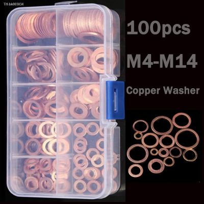 ❀✵❐ 100Pcs Copper Washer Gasket Nut And Bolt Set Flat Ring Seal Assortment Kit With Box M4/M5/M6/M8/M10/M12/M14 For Sump Plugs