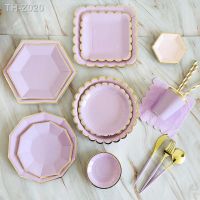 №▫❅ Gold Purple Party Disposable Tableware Sets Paper Cups Plates Baby Shower Birthday Supplies Carnival Wedding Decor Kids Favors