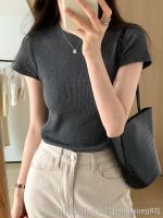 ☎ Gray front shoulder T-shirt womens short-sleeved round neck all-match bottoming shirt thread slim slim pink top summer new