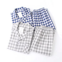 Lovers Spring New Pajama Set Plaid 100Gauze Cotton Men And Womens Couple Sleepwear Turn-Down Collar Household Wear Casual Wear