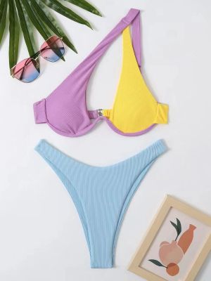 hotx 【cw】 Color Block Shoulder Bikinis 2023 Push Up Swimsuit Female Padded Swimwear Bathers Bathing Beachwear