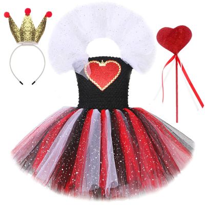 Twinkle Red Queen of Hearts Costumes for Girls Sparkly Halloween Tutu Dress for Kids Girl Devil Witch Outfit with Crown Wand