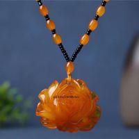 Chinese Yellow Beeswax Water Drop Flowers Gourd Leaves Amber Pendant Necklace Men Women Mala Meditation Jewelry Sweater Chain