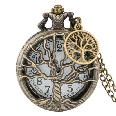 นาฬิกาควอทซ์แบบพกพาลายต้นไม้เพื่อชีวิตเป็นอมตะมีจี้ดีไซน์สีบรอนซ์สร้อยคอลูกปัดนาฬิกาวินเทจfob Reloj + อุปกรณ์ตกแต่งต้นไม้