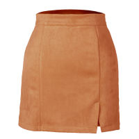 Casual Women Suede Skirt A-LINE Split Solid Color Leopard Printed Zipper High Waist Above Knee, Mini Office Lady Skirt