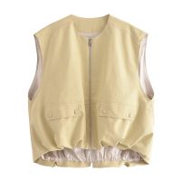 ❏ womens waistcoat new round neck zipper sleeveless pleated hem vest jacket