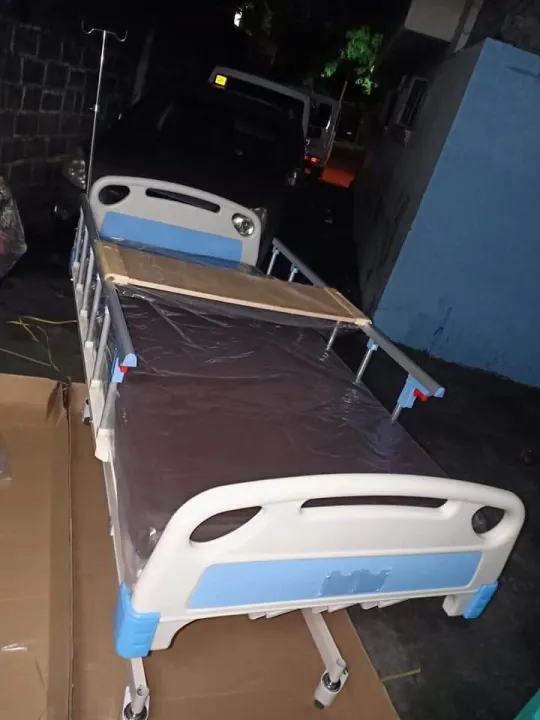 Hospital bed 2 cranks with leather foam iv stand over bed table