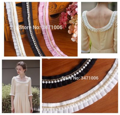 2meters Pleat chiffon Pearl Handmade Beaded Rhinestones Lace Trim Double Layered Applique DIY clothes Sewing Collar Accessories