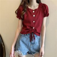 COD DSFERTGERRYYY Summer bubble sleeve high waist navel short tops short sleeve sexy tops female ins clothes Croptop chiffon tops