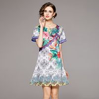 Women Dress Spot Real  Elegant Short Sleeve  Vintage Printed Midi Dress