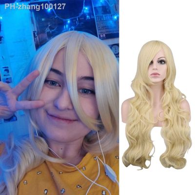QQXCAIW Long Wavy Cosplay Black Purple White Red Pink Blue Blonde Orange Sliver Gray 80 Cm Synthetic Hair Wigs