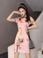 2023สีชมพูสั้น Cheongsam สไตล์ชาติพันธุ์แขนสั้น Mandarin Collar Qipao ผู้หญิงฤดูร้อน Vintage ชุด S ถึง XXL คุณภาพสูง