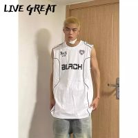 ✣✣✧ LIVE GREAT ฮิปฮอปสไตล์ถนนพิมพ์หลวมเสื้อยืดฤดูร้อนชายและหญิงแฟชั่นไฮสตรีทชั้นแขนกุดเสื้อผ้าบาสเกตบอลคู่เสื้อกั๊กอเมริกัน