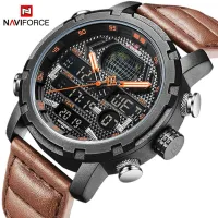 NAVIFORCE Mens นาฬิกาแบรนด์ชั้นนำนาฬิกาข้อมือหรูสำหรับเล่นกีฬานาฬิกาสายรัดหนัง 30M นาฬิกาทหารกันน้ำ Dual จอนาฬิกาข้อมือ