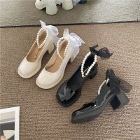 CODkecanm8 Mary Jane shoes 2022 vintage pear Women 2022 Retro Pearl Ribbon French High Heels female Fairy Thick Heel Small Leather kangyuxuan.my4.8