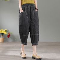 【มีไซส์ใหญ่】Plus Size Womens Vintage Embroidery 7/10 Jeans Casual Denim Summer Pants