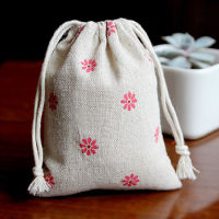 Pink Daisy Printed Linen Gift Bags 8x10cm 9x12cm 10x15cm Makeup Candy Sack Jewelry Jute Packaging Pouches