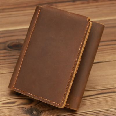 Vintage Genuine Leather Mens Wallets Crazy Horse Leather Men Tri-Fold Wallet Card Holder Slim Money Bag Small Purse For Male