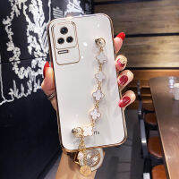 Maitus เคส Xiaomi F4 POCO/POCO F4 GT พร้อมสร้อยข้อมือโคลเวอร์สี่ใบกรอบสี่เหลี่ยมเคลือบ6D อย่างหรูหราปลอกป้องกันซิลิโคนเคสมือถือแวววาวฝาครอบด้านหลัง