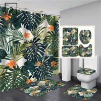 Green Leaves and Flowers Printed Shower Curtain Set Toilet Polyester Cover Non-slip Mat Bathroom Lid Car Fashion Home Decor