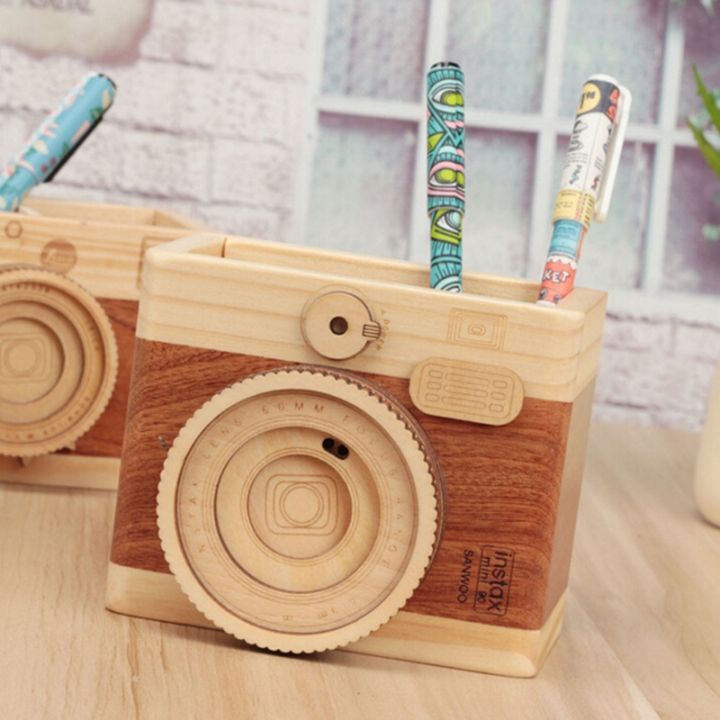 1pcs-creative-retro-camera-double-layer-pen-holder-wooden-learning-stationery-large-pen-holder