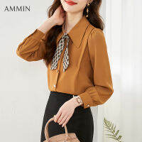 AMMIN เสื้อเชิ๊ตสตรีมเมอร์ชีฟองผูกโบว์แฟชั่นสไตล์เกาหลี,Atasan Sifon แขนยาวลำลองย้อนยุคใหม่2023