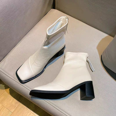 รองเท้าบู้ทสตรีฤดูใบไม้ร่วงและฤดูหนาว2022ใหม่ยืดหยุ่นได้รองเท้าบูท Martin สี่เหลี่ยม MODE Korea ของผู้หญิงพื้นรองเท้านิ่ม Sepatu BOOT Pendek รองเท้าบูทสั้น