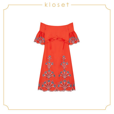 Kloset Embroidered Off - Shoulder Dress (AW18-D004) เสื้อผ้าแฟชั่น เสื้อผ้าผู้หญิง เดรสแฟชั่น เดรสผ้าปัก