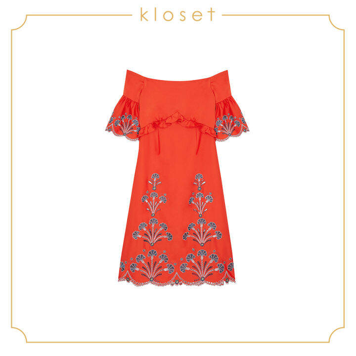 kloset-embroidered-off-shoulder-dress-aw18-d004-เสื้อผ้าแฟชั่น-เสื้อผ้าผู้หญิง-เดรสแฟชั่น-เดรสผ้าปัก