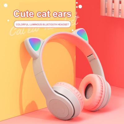Flash Light Cute Cat Ears Wireless 5.0 Game Headphones with Mic LED Kid Girl Stereo Music Helmet Phone Bluetooth Headset Gift