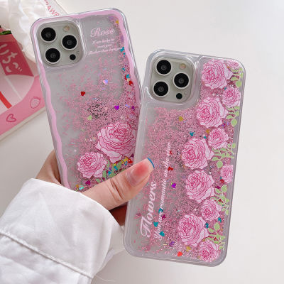 Dynamic Quicksand Cute Pink Flower Phone Case For 13 12 Mini 11 Pro Max 6S 7 8 Plus X XR XSMax Liquid Glitter Coque Cover