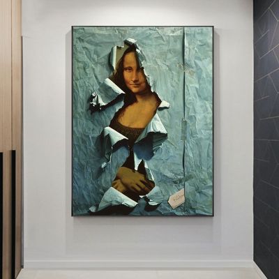 อารมณ์ขัน Mona Lisa ภาพวาดผ้าใบครอบคลุมโดยโปสเตอร์ผ้าใบสีฟ้าพิมพ์ภาพผนังศิลปะสำหรับห้องนั่งเล่น Home Wall Decor