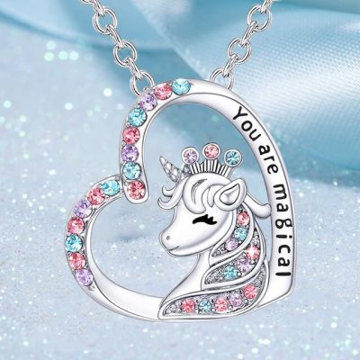 JDY6H Unicorn Necklace for Women Girls Crystal Birthstone Heart Pendant Chain Party Birthday Anniversary Gift Jewelry Collares Muje