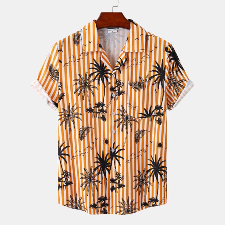 เสื้อฮาวายฤดูร้อนสำหรับผู้ชาย22-23ใบไม้เขตร้อนพิมพ์ลายบล็อกสีวันหยุดชายหาดสินค้าสั่งทำ