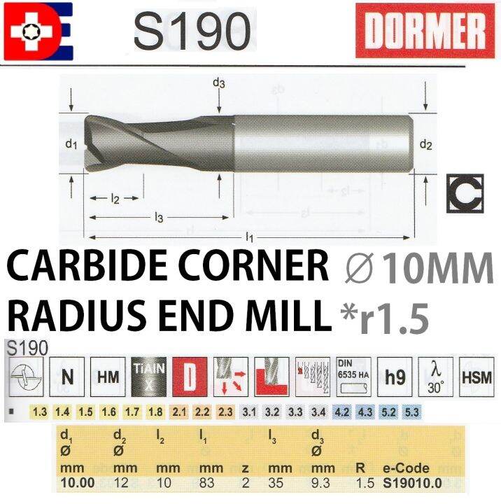 10.0MM x R1.5 x 2flute dormer carbide corner radius end mill 2F slot