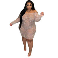 CM.YAYA Women Plus Size Dress Diamonds Mesh See-through Skinny Bodycon Dresses Sexy Night Club Vestidos Fashion Outfit Autumn