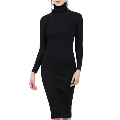 Women Autumn Winter Knitted Sweater Dresses Slim Elastic Turtleneck Long Sleeve Sexy Lady Bodycon Dresses