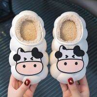 HOT★White Cow Babi Slippers Children Winter Fur Flip flops Funny Cartoon Kids Shoes for Girl Boy Waterproof Indoor Fluffy Slippers