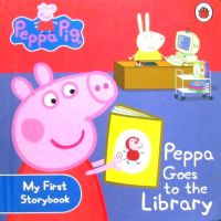 Peppa Pig: Peppa Goes to the Library by Ladybird wooden plank book Ladybird Books pink pig sister go to library piggy page